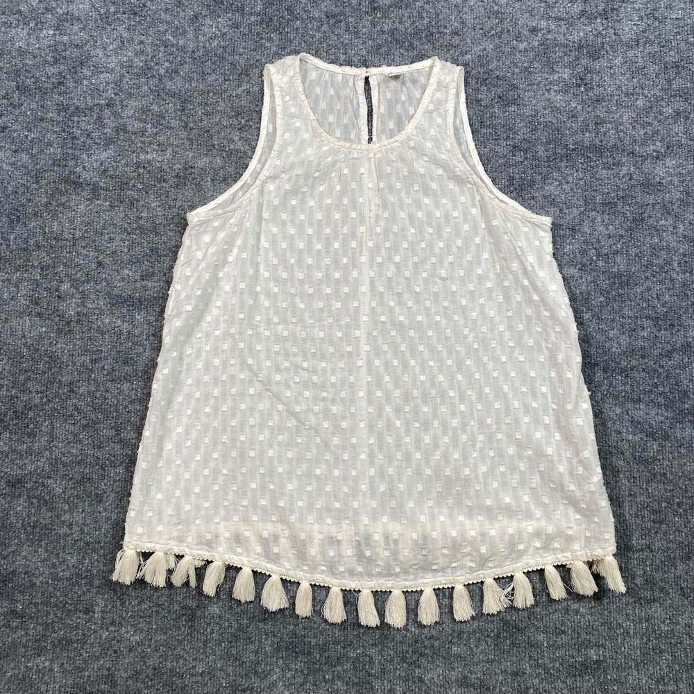 Old Navy Womens White Dobby Textured Tassel Hem Sleeveless Blouse‎ Top Small